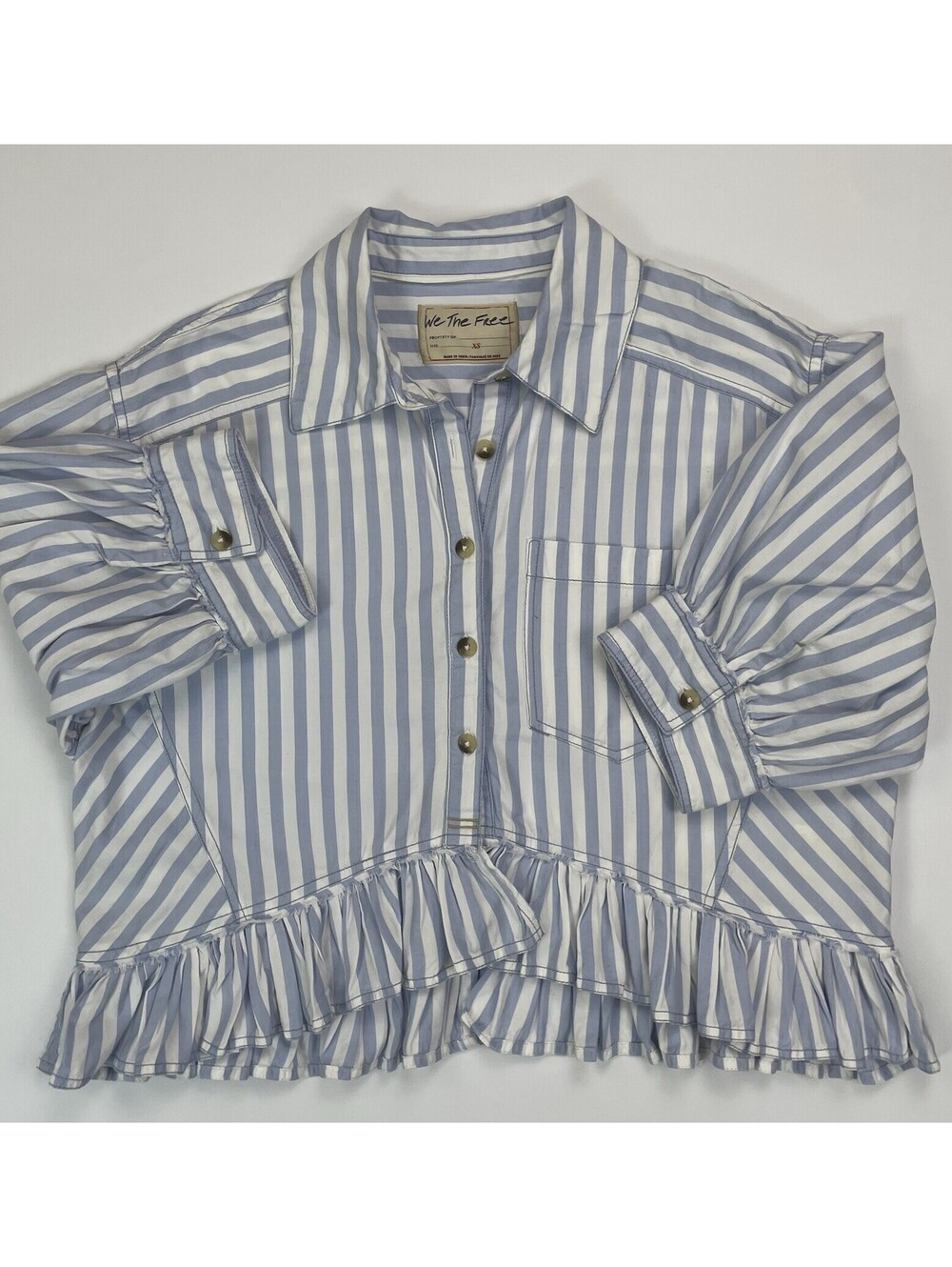Free People We The Free Bailey Stripe Shirt Blue Cropped Ruffle Blouse XS - Picture 3 of 8